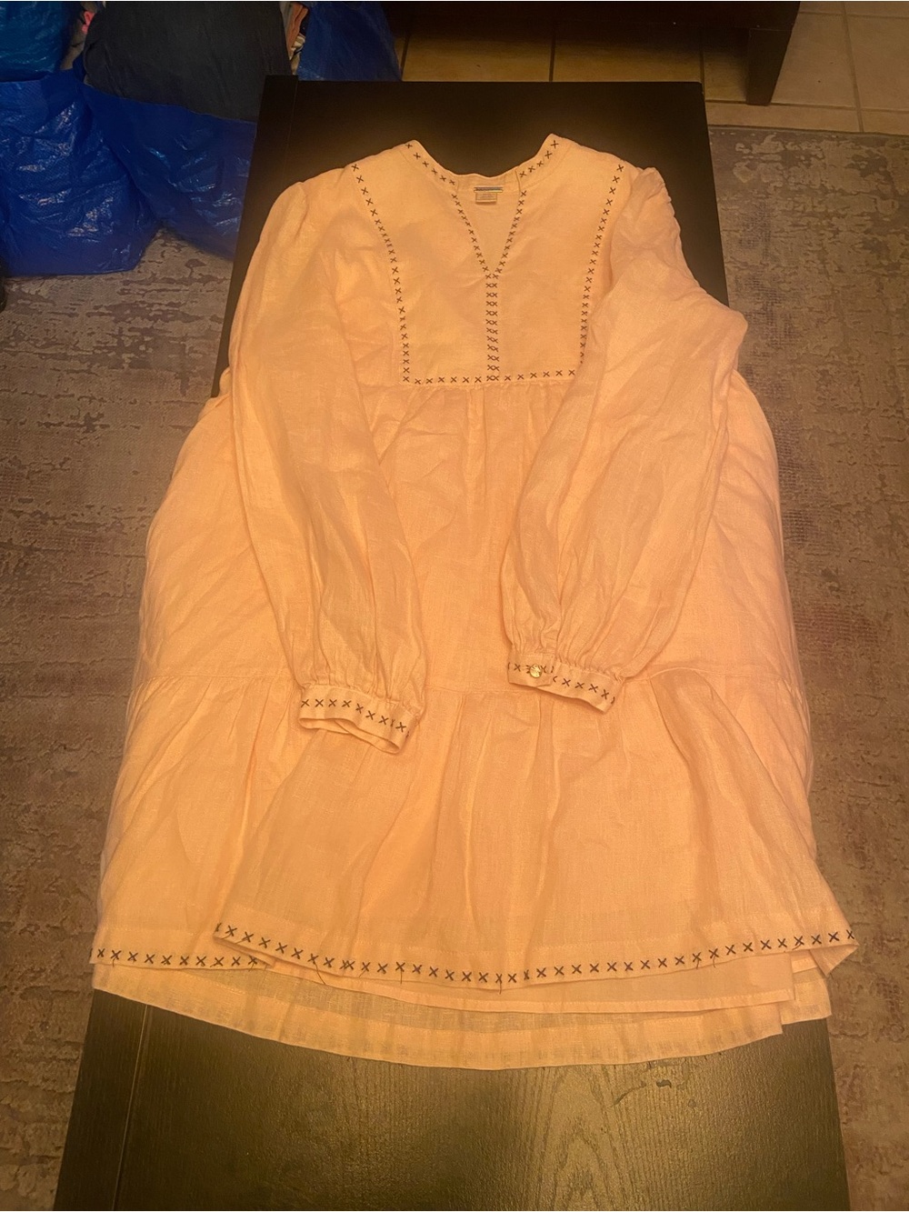 Magaschoni Peach Long-Sleeve Tiered Girls Dress with Embroidered Trim